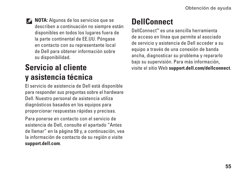 Servicio al cliente y asistencia técnica, Dellconnect | Dell Studio XPS 9100 (Mid 2010) User Manual | Page 57 / 80