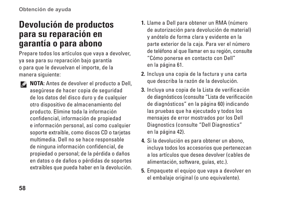 Devolución de productos para, Su reparación en garantía, O para abono | Dell Studio XPS 9100 (Mid 2010) User Manual | Page 60 / 80