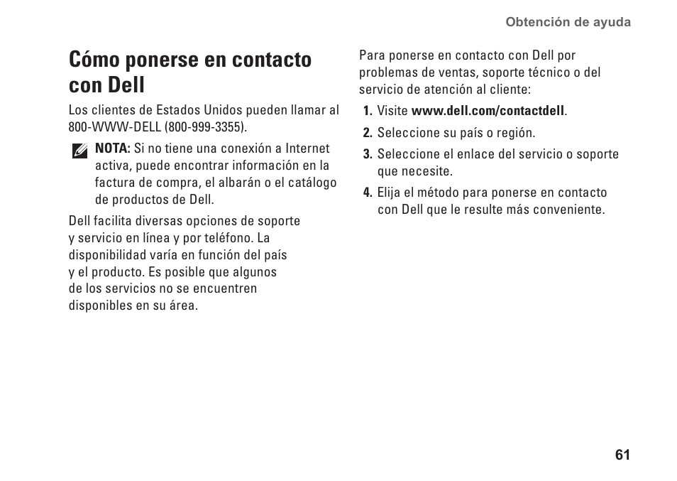 Cómo ponerse en contacto con dell | Dell Studio XPS 9100 (Mid 2010) User Manual | Page 63 / 80