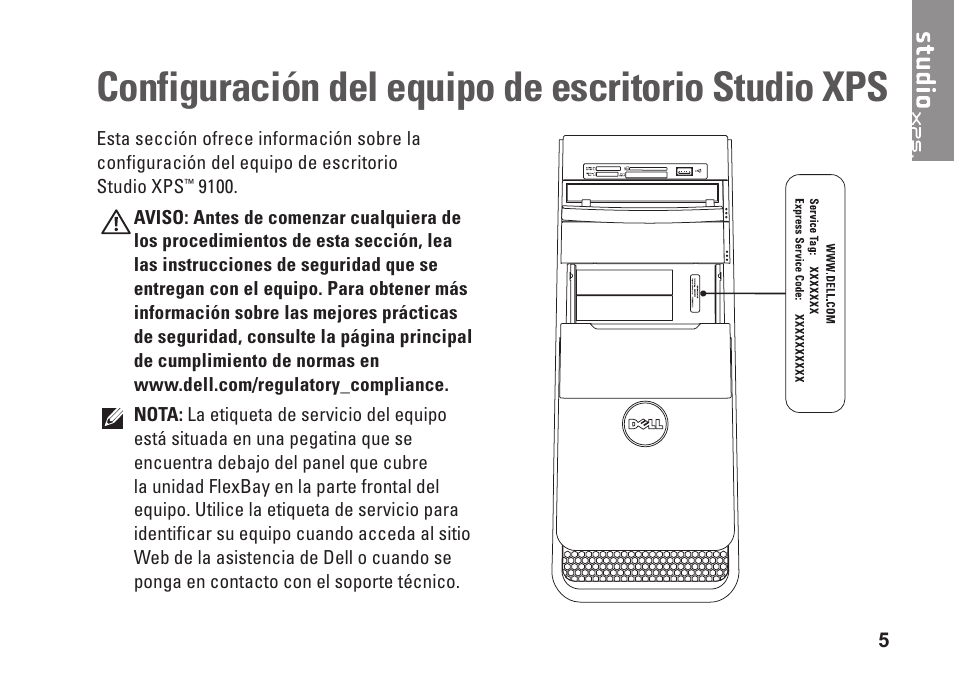 Configuración del equipo de escritorio studio xps, Configuración del equipo de escritorio, Studio xps | Dell Studio XPS 9100 (Mid 2010) User Manual | Page 7 / 80