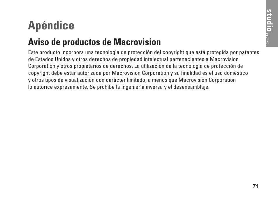 Apéndice, Aviso de productos de macrovision | Dell Studio XPS 9100 (Mid 2010) User Manual | Page 73 / 80