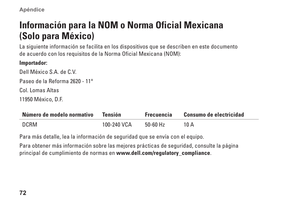 Información para la nom o norma oficial, Mexicana (solo para méxico) | Dell Studio XPS 9100 (Mid 2010) User Manual | Page 74 / 80