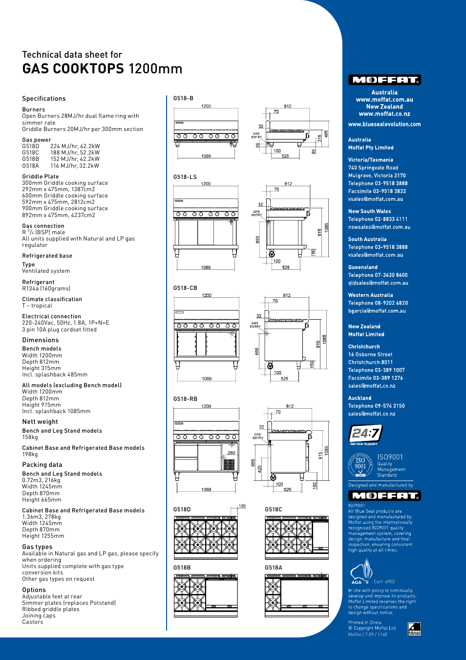Gas cooktops 1200mm, Technical data sheet for | BLUE SEAL EVOLUTION G518D-B User Manual | Page 2 / 2