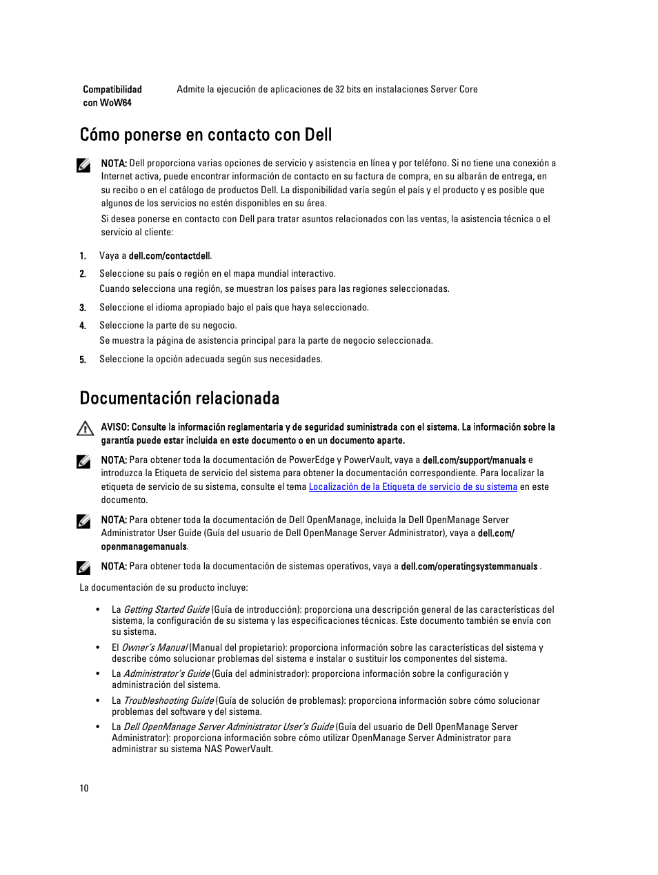 Cómo ponerse en contacto con dell, Documentación relacionada | Dell PowerVault NX3200 User Manual | Page 10 / 40