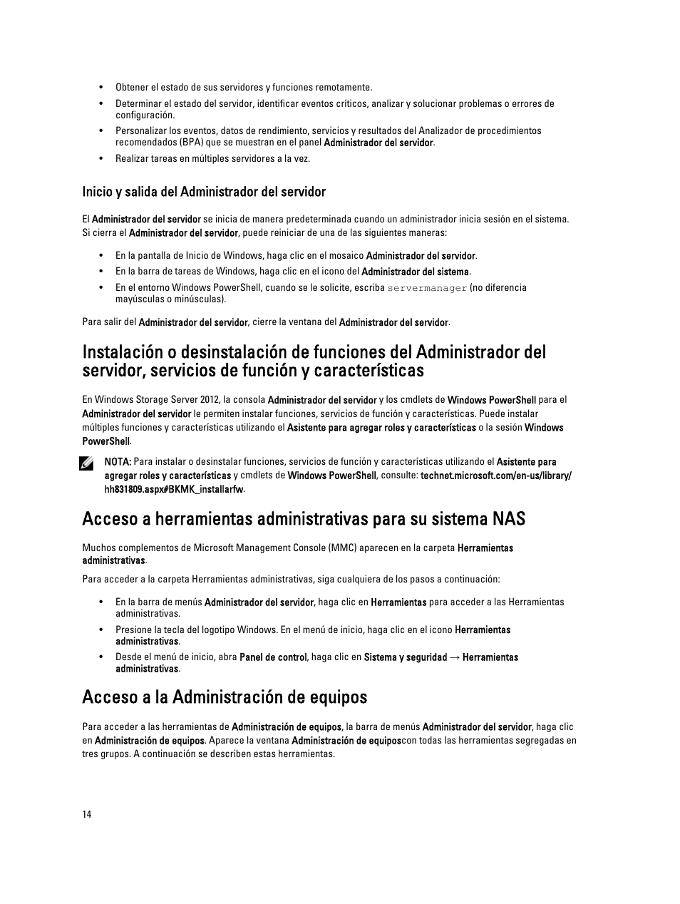 Inicio y salida del administrador del servidor, Acceso a la administración de equipos | Dell PowerVault NX3200 User Manual | Page 14 / 40