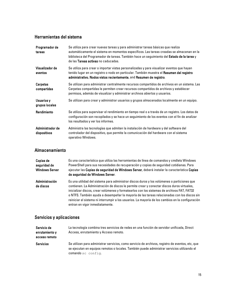 Herramientas del sistema, Almacenamiento, Servicios y aplicaciones | Dell PowerVault NX3200 User Manual | Page 15 / 40