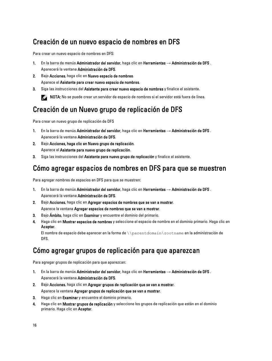 Creación de un nuevo espacio de nombres en dfs, Creación de un nuevo grupo de replicación de dfs | Dell PowerVault NX3200 User Manual | Page 16 / 40