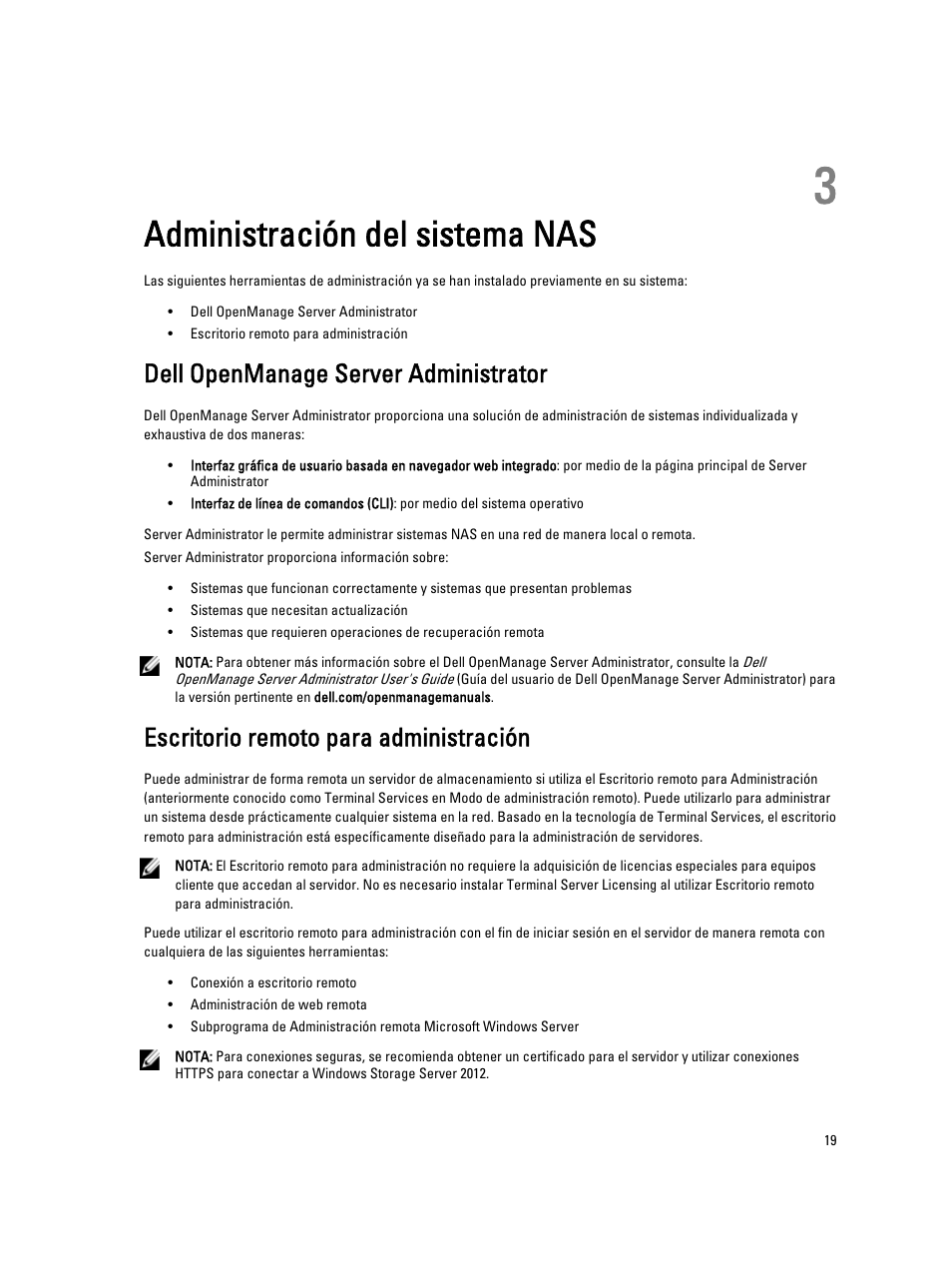 Administración del sistema nas, Dell openmanage server administrator, Escritorio remoto para administración | 3 administración del sistema nas | Dell PowerVault NX3200 User Manual | Page 19 / 40
