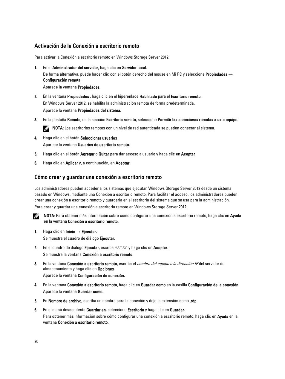 Activación de la conexión a escritorio remoto | Dell PowerVault NX3200 User Manual | Page 20 / 40
