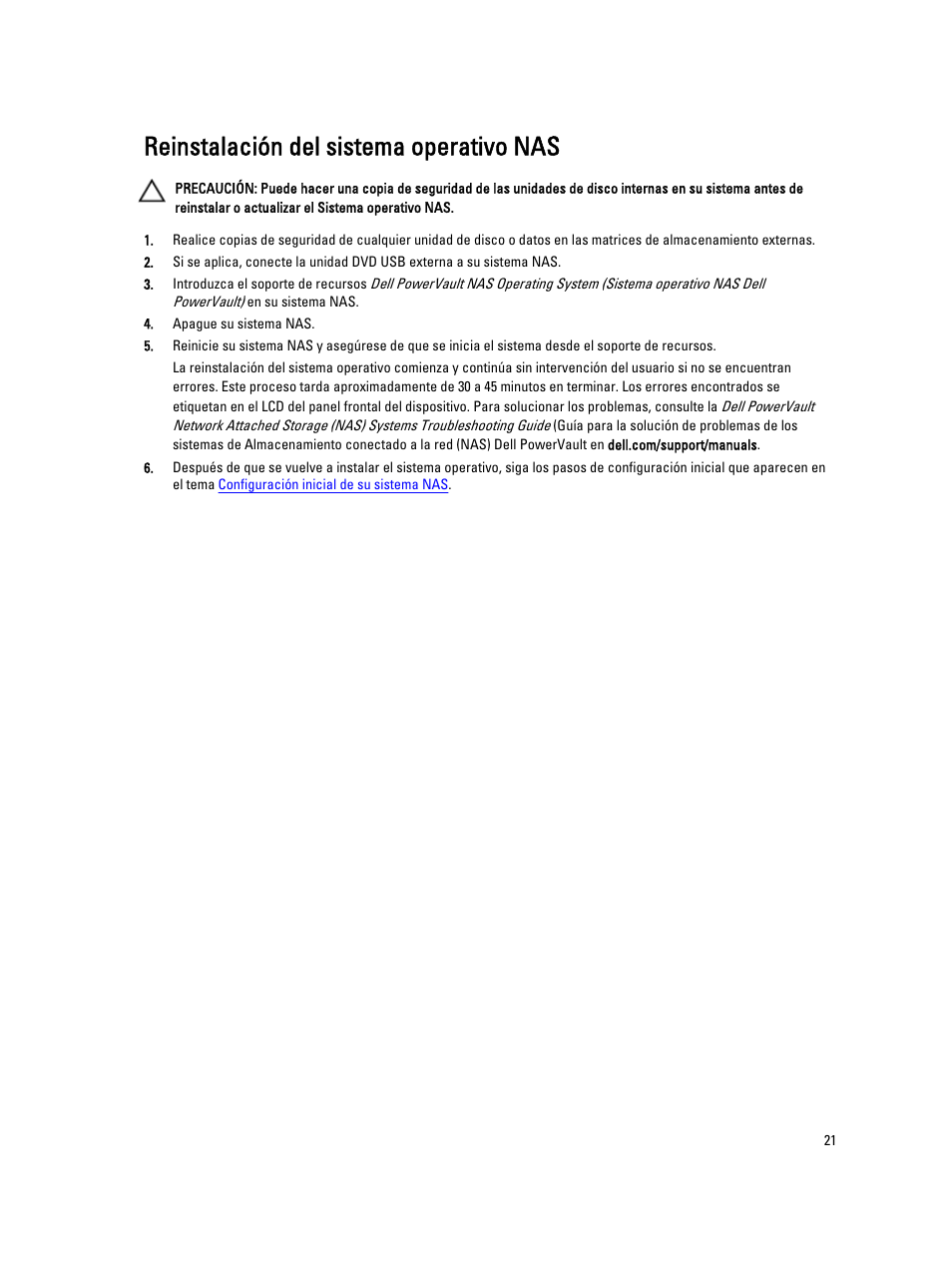 Reinstalación del sistema operativo nas | Dell PowerVault NX3200 User Manual | Page 21 / 40