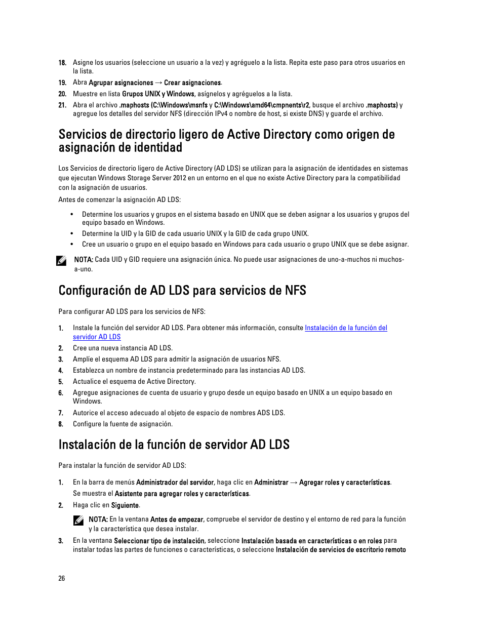 Configuración de ad lds para servicios de nfs, Instalación de la función de servidor ad lds | Dell PowerVault NX3200 User Manual | Page 26 / 40