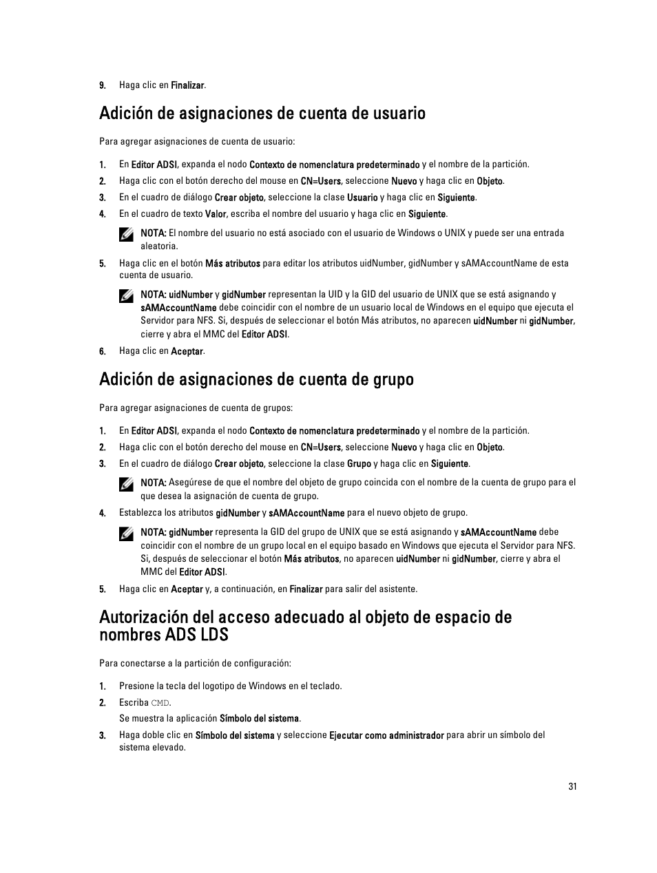 Adición de asignaciones de cuenta de usuario, Adición de asignaciones de cuenta de grupo, Adding | Para crear un objeto de clase de grupo | Dell PowerVault NX3200 User Manual | Page 31 / 40