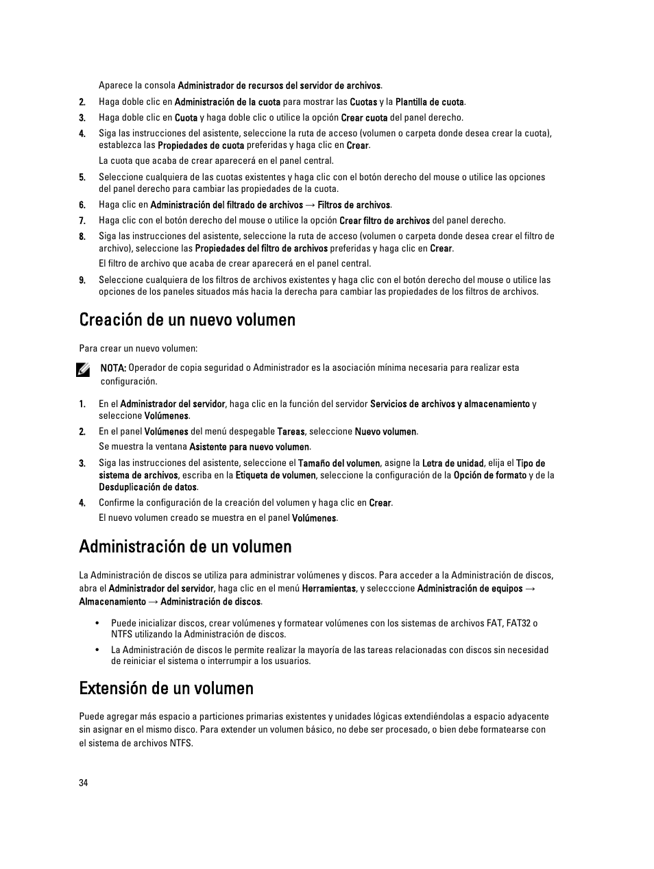 Creación de un nuevo volumen, Administración de un volumen, Extensión de un volumen | Dell PowerVault NX3200 User Manual | Page 34 / 40