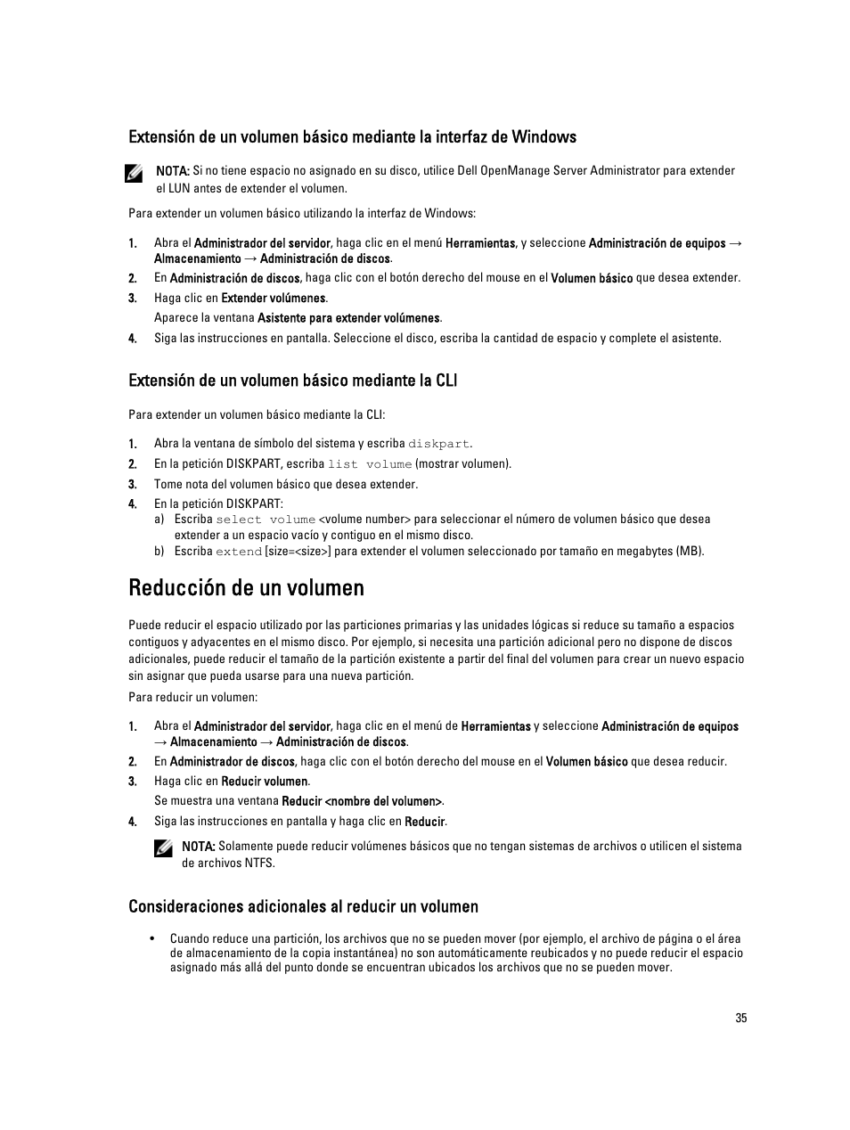 Extensión de un volumen básico mediante la cli, Reducción de un volumen, Consideraciones adicionales al reducir un volumen | Dell PowerVault NX3200 User Manual | Page 35 / 40