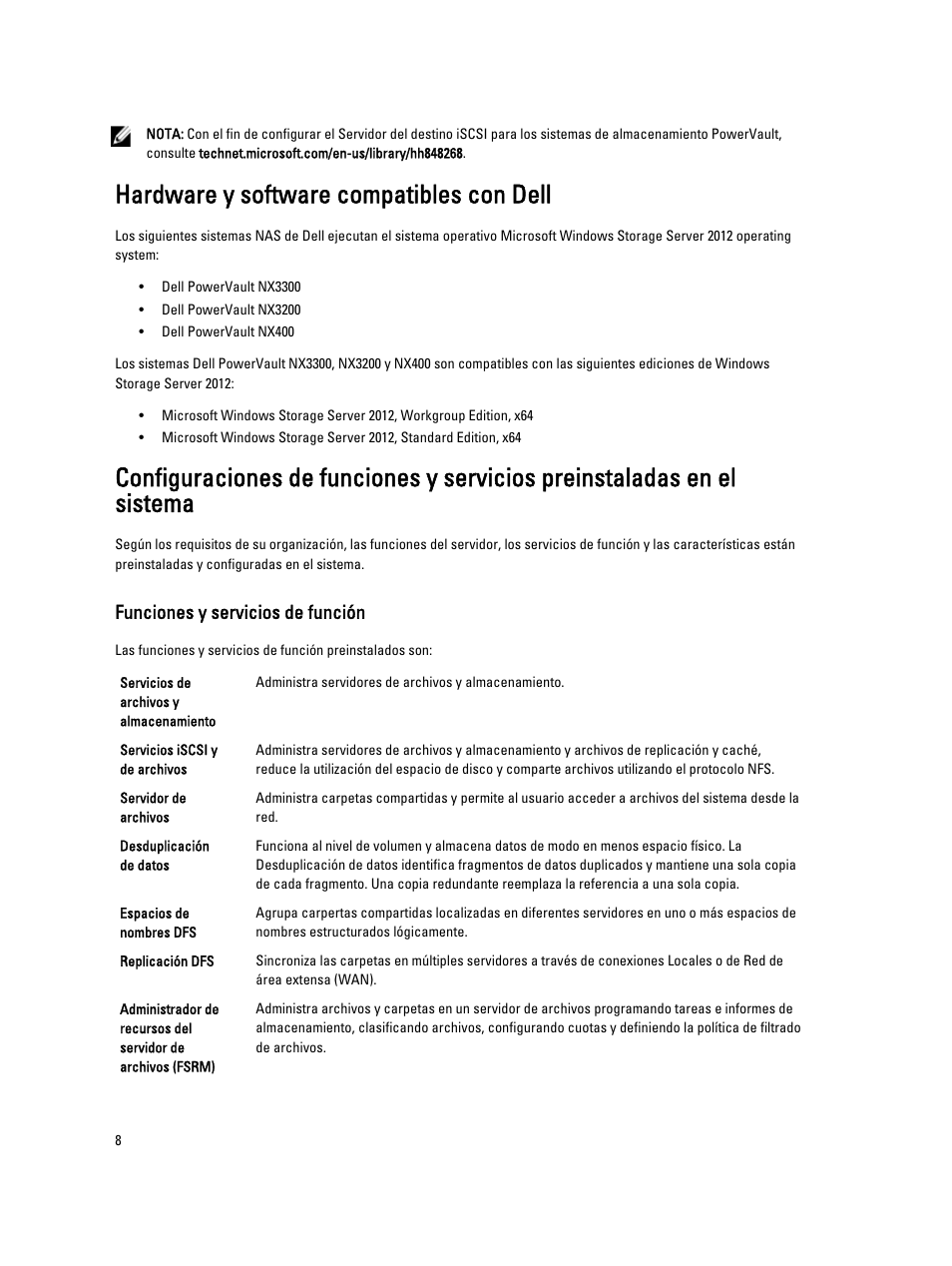 Hardware y software compatibles con dell, Funciones y servicios de función | Dell PowerVault NX3200 User Manual | Page 8 / 40