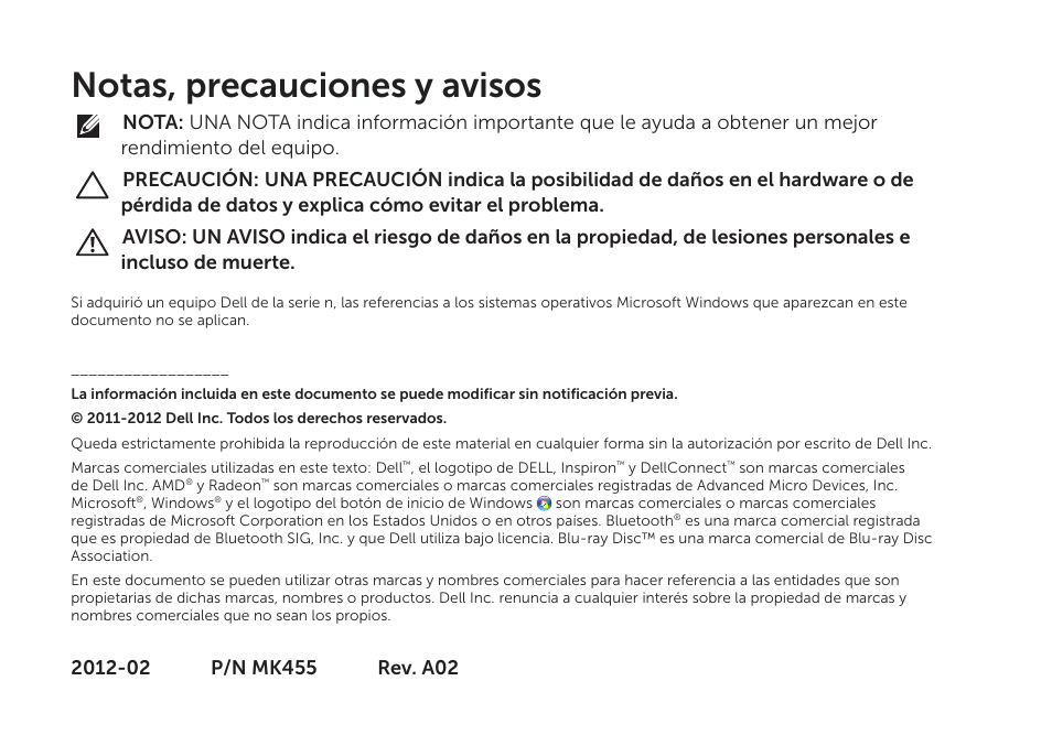 Notas, precauciones y avisos | Dell Inspiron M411R (Mid 2011) User Manual | Page 4 / 104