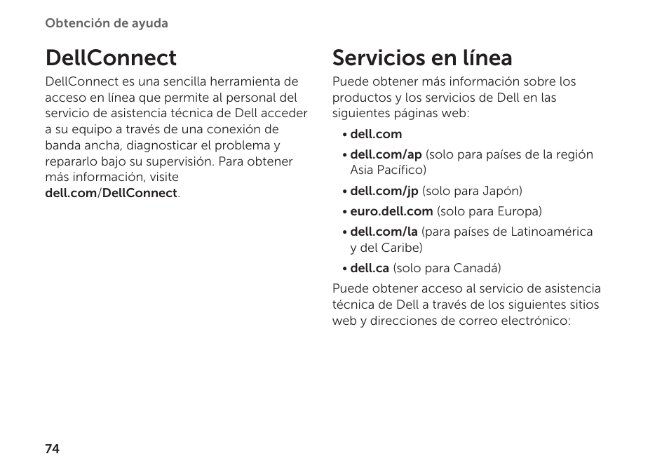 Dellconnect, Servicios en línea, Dellconnect servicios en línea | Dell Inspiron M411R (Mid 2011) User Manual | Page 76 / 104