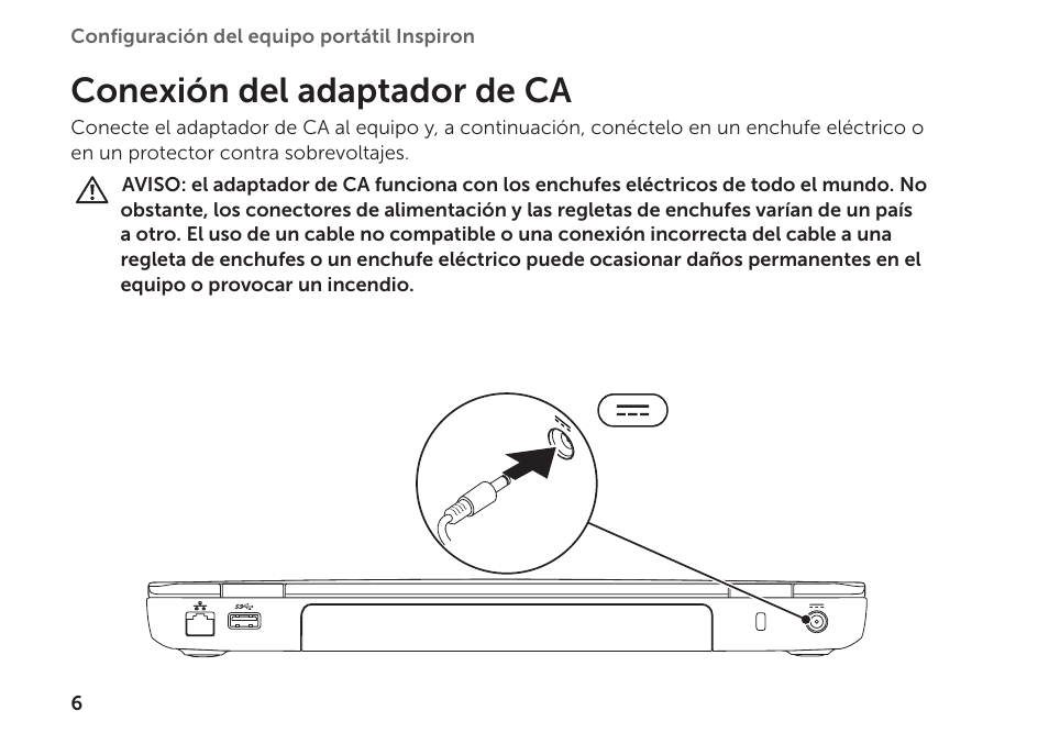 Conexión del adaptador de ca | Dell Inspiron M411R (Mid 2011) User Manual | Page 8 / 104