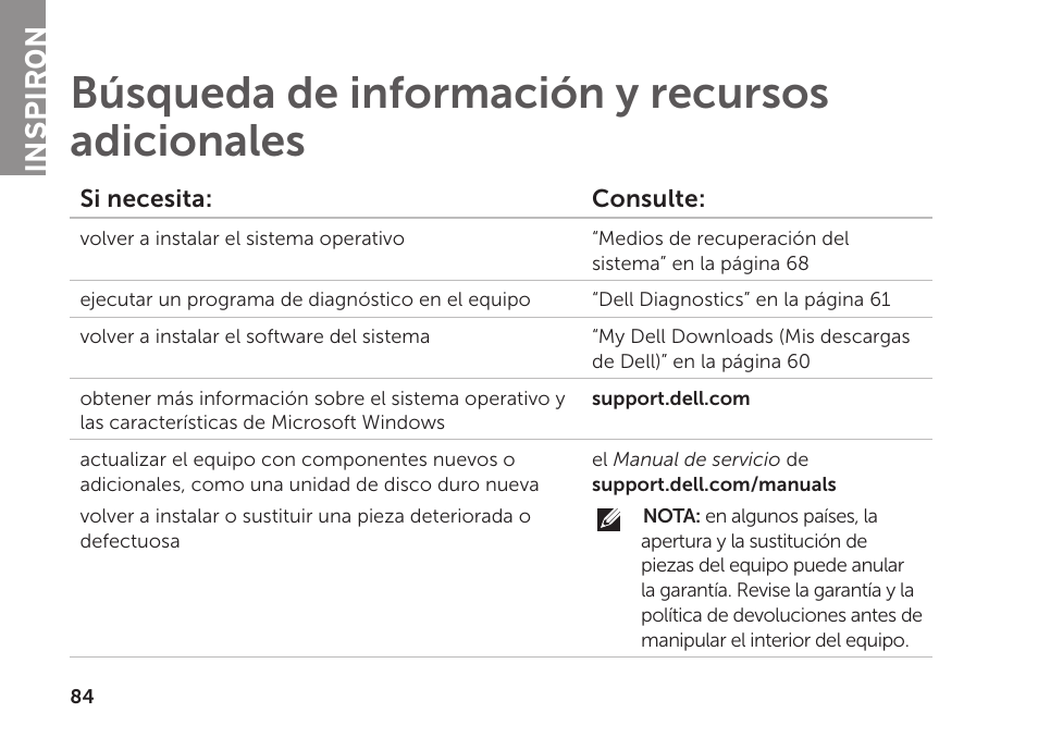 Búsqueda de información y recursos adicionales, Búsqueda de información y recursos, Adicionales | Inspiron | Dell Inspiron M411R (Mid 2011) User Manual | Page 86 / 104