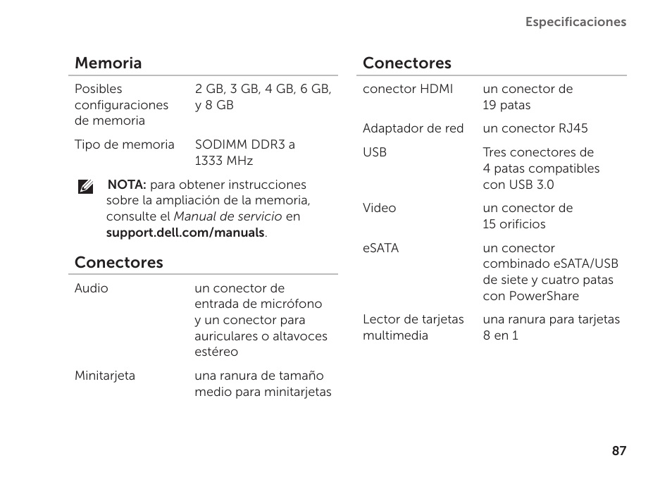 Conectores | Dell Inspiron M411R (Mid 2011) User Manual | Page 89 / 104