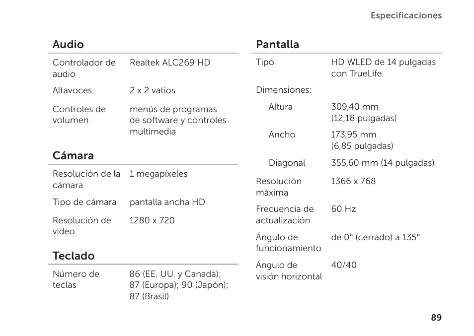 Audio, Cámara, Teclado | Pantalla | Dell Inspiron M411R (Mid 2011) User Manual | Page 91 / 104