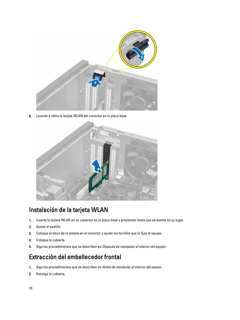 Instalación de la tarjeta wlan, Extracción del embellecedor frontal | Dell OptiPlex 7010 (Mid 2012) User Manual | Page 10 / 67