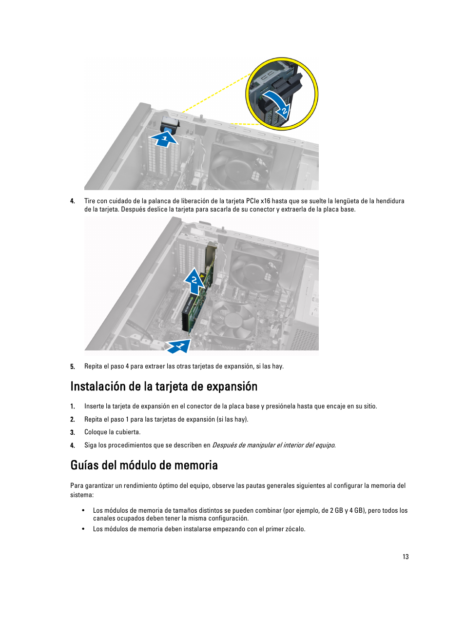 Instalación de la tarjeta de expansión, Guías del módulo de memoria | Dell OptiPlex 7010 (Mid 2012) User Manual | Page 13 / 67