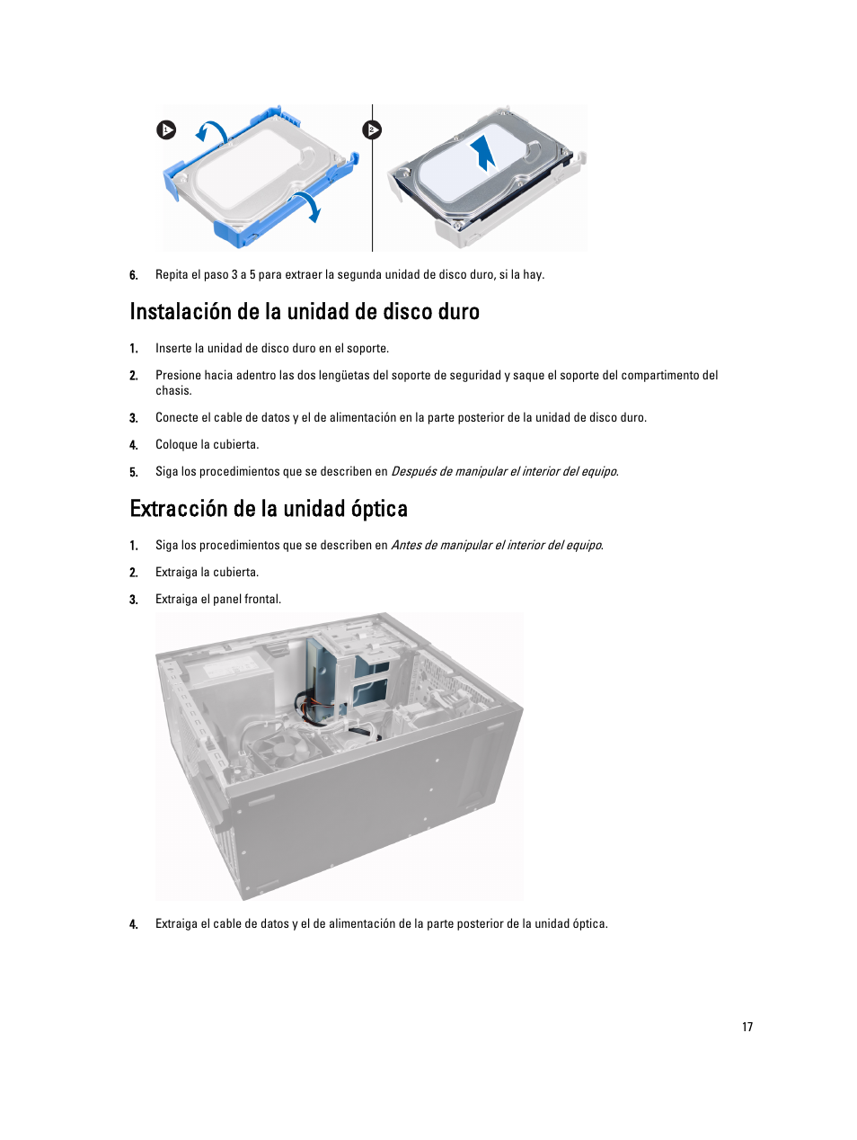 Instalación de la unidad de disco duro, Extracción de la unidad óptica | Dell OptiPlex 7010 (Mid 2012) User Manual | Page 17 / 67