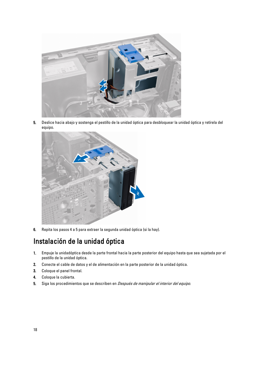 Instalación de la unidad óptica | Dell OptiPlex 7010 (Mid 2012) User Manual | Page 18 / 67