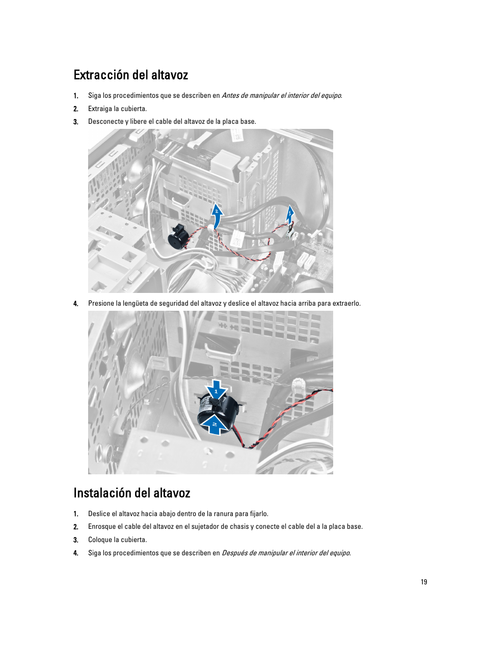 Extracción del altavoz, Instalación del altavoz | Dell OptiPlex 7010 (Mid 2012) User Manual | Page 19 / 67