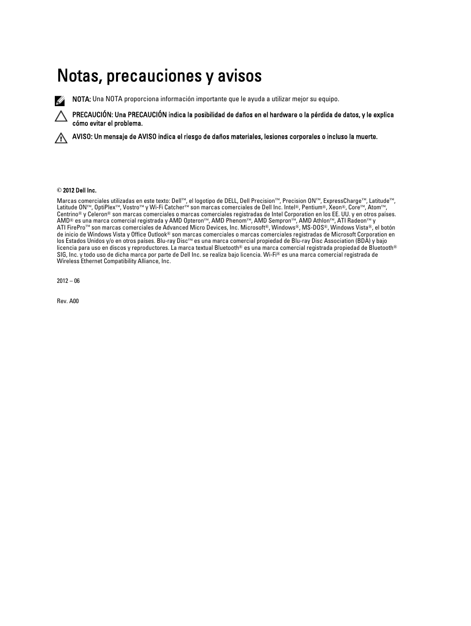 Notas, precauciones y avisos, Manipulación del equipo | Dell OptiPlex 7010 (Mid 2012) User Manual | Page 2 / 67