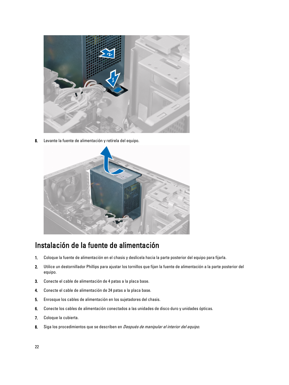 Instalación de la fuente de alimentación | Dell OptiPlex 7010 (Mid 2012) User Manual | Page 22 / 67