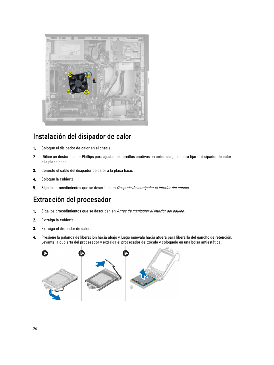 Instalación del disipador de calor, Extracción del procesador | Dell OptiPlex 7010 (Mid 2012) User Manual | Page 24 / 67