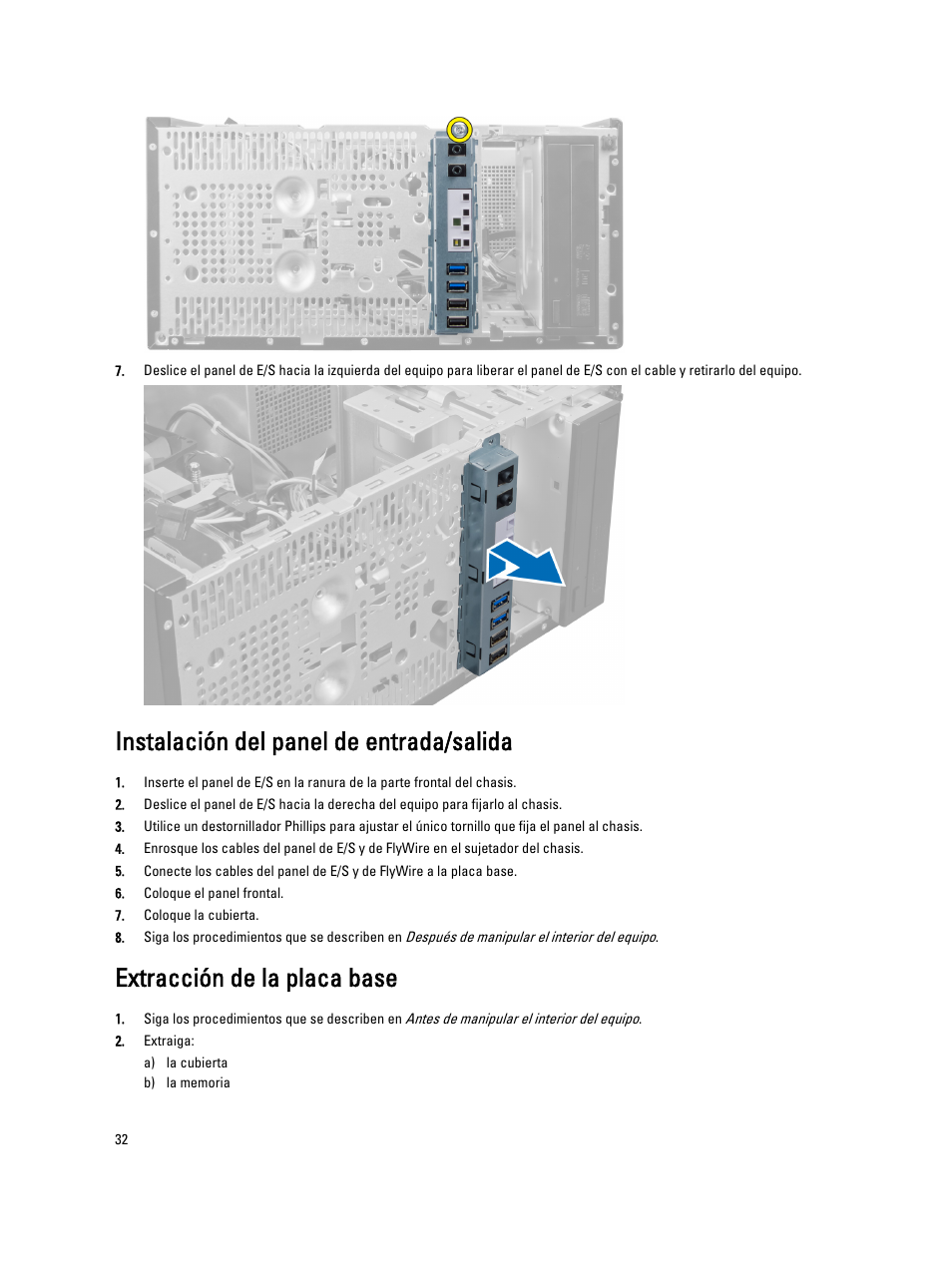 Instalación del panel de entrada/salida, Extracción de la placa base | Dell OptiPlex 7010 (Mid 2012) User Manual | Page 32 / 67