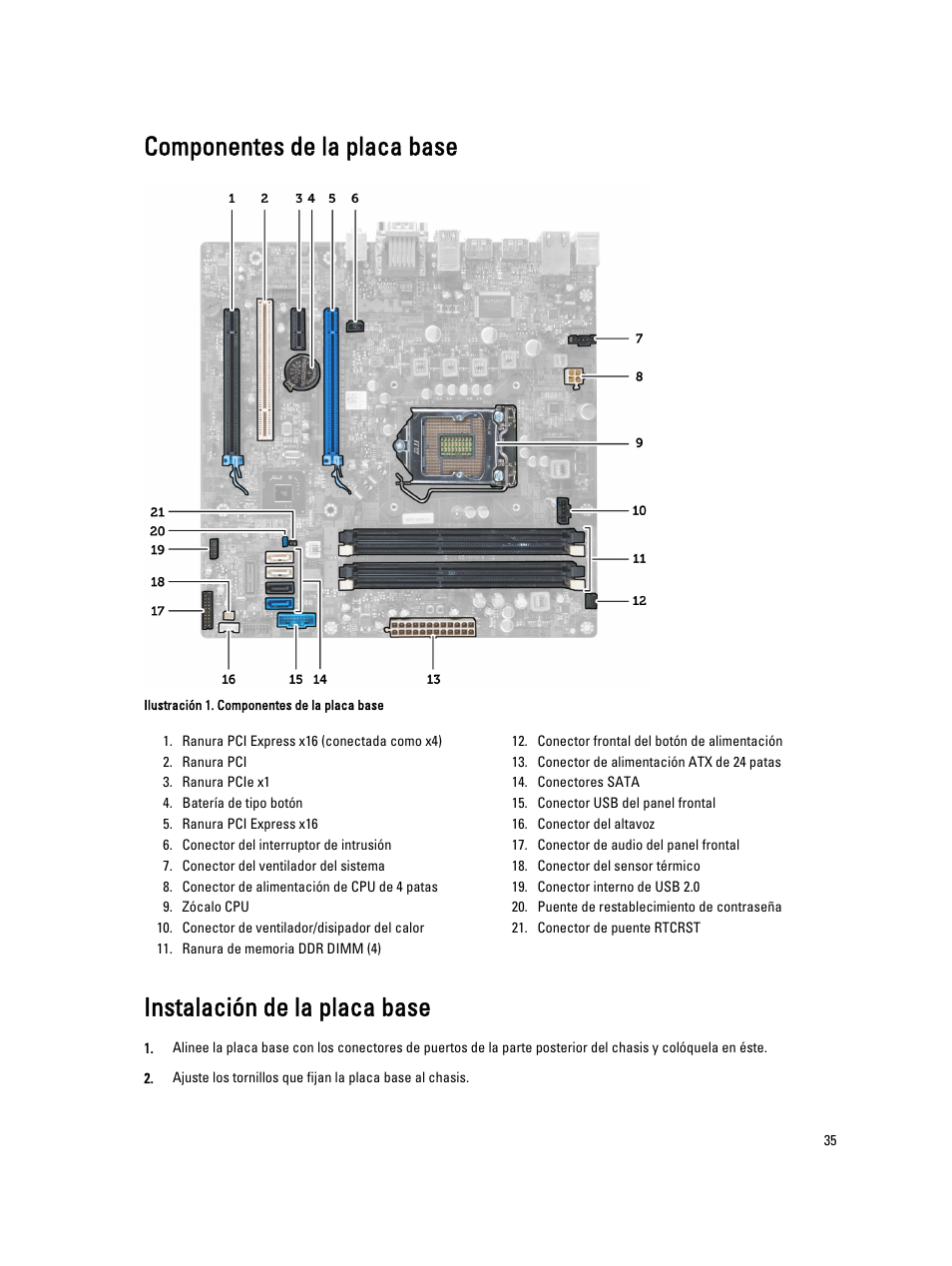 Componentes de la placa base, Instalación de la placa base | Dell OptiPlex 7010 (Mid 2012) User Manual | Page 35 / 67