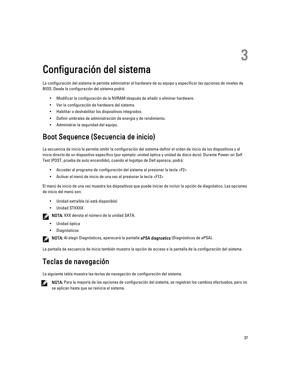 Configuración del sistema, Boot sequence (secuencia de inicio), Teclas de navegación | Capítulo 3: configuración del sistema | Dell OptiPlex 7010 (Mid 2012) User Manual | Page 37 / 67