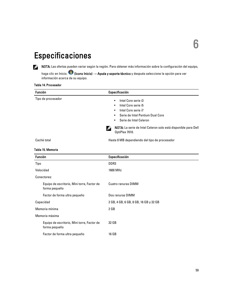 Especificaciones, Capítulo 6: especificaciones | Dell OptiPlex 7010 (Mid 2012) User Manual | Page 59 / 67