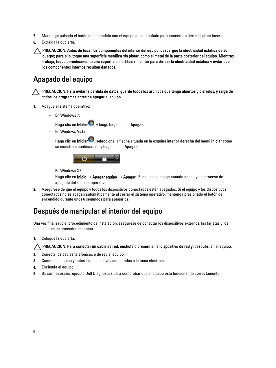 Apagado del equipo, Después de manipular el interior del equipo | Dell OptiPlex 7010 (Mid 2012) User Manual | Page 6 / 67