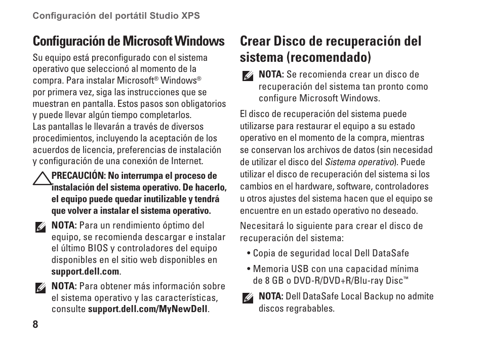 Configuración de microsoft windows, Recomendado) | Dell Studio XPS 1647 (Early 2010) User Manual | Page 10 / 80