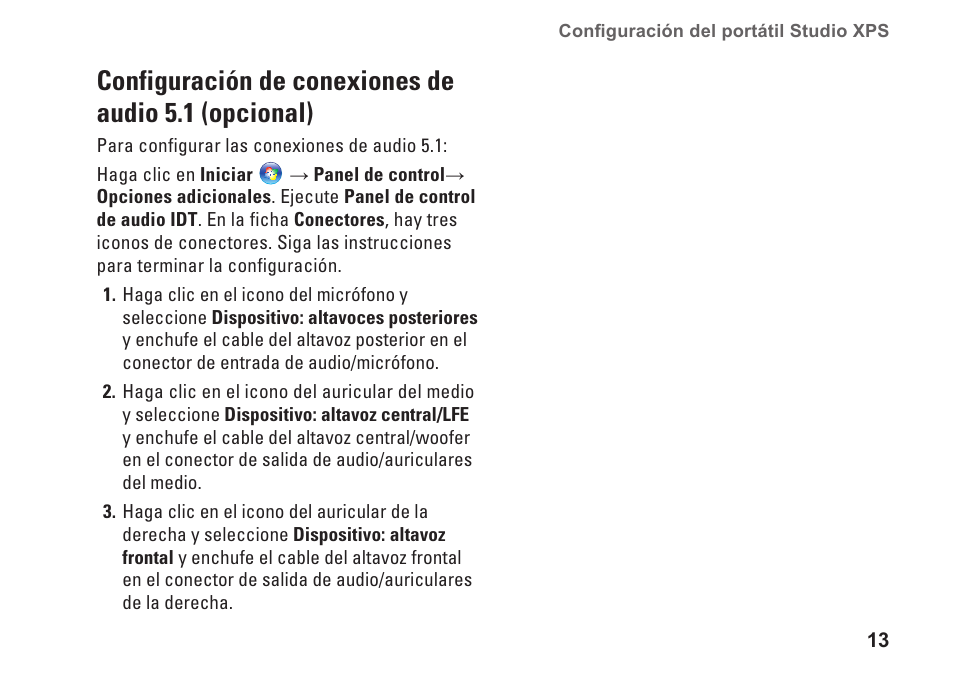 Configuración de conexiones de audio 5.1, Opcional) | Dell Studio XPS 1647 (Early 2010) User Manual | Page 15 / 80