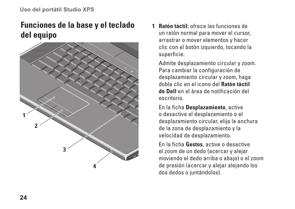 Funciones de la base y el teclado del equipo, Funciones de la base y el teclado, Del equipo | Dell Studio XPS 1647 (Early 2010) User Manual | Page 26 / 80