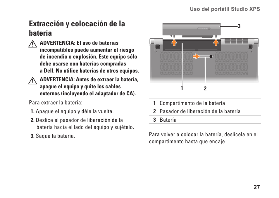 Extracción y colocación de la batería | Dell Studio XPS 1647 (Early 2010) User Manual | Page 29 / 80