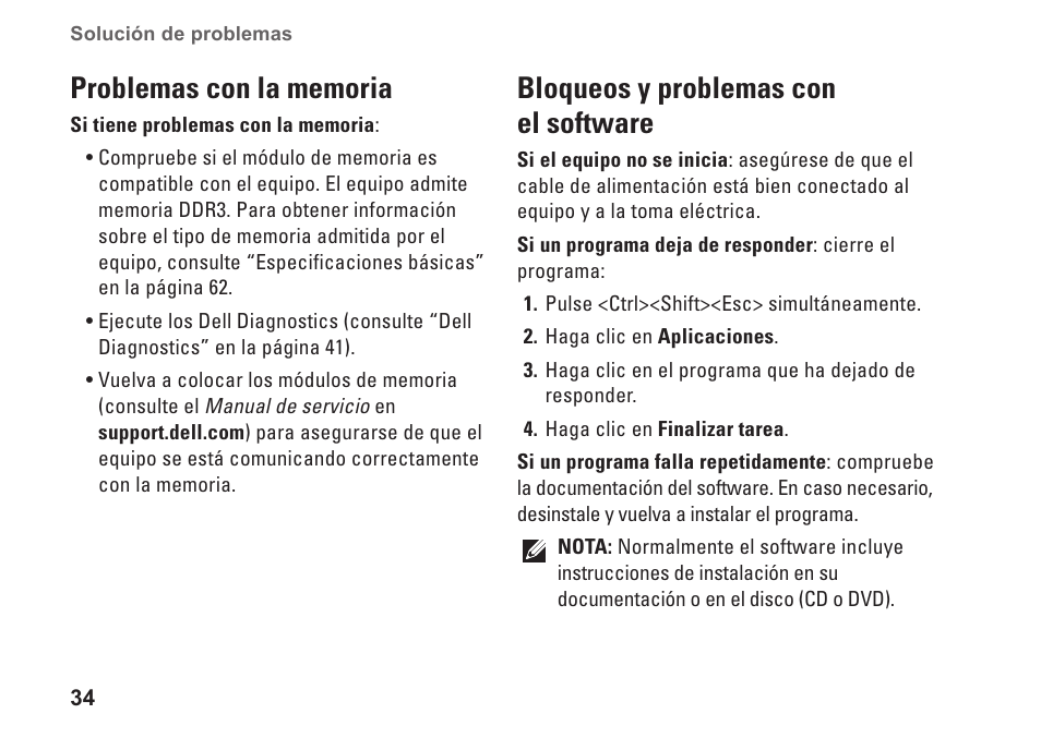 Problemas con la memoria, Bloqueos y problemas con el software | Dell Studio XPS 1647 (Early 2010) User Manual | Page 36 / 80