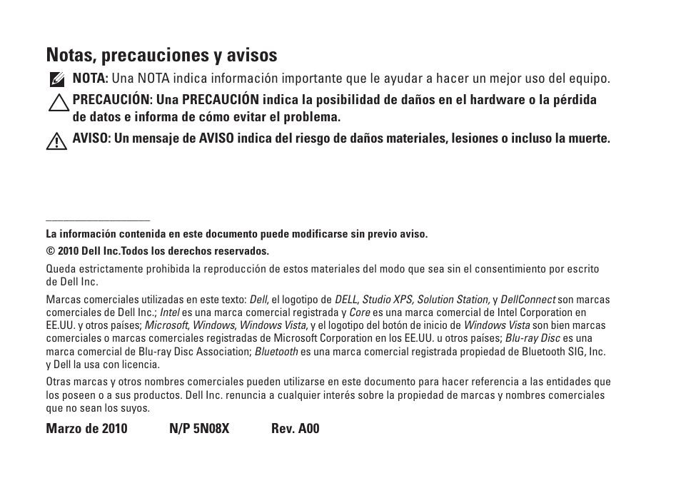 Notas, precauciones y avisos | Dell Studio XPS 1647 (Early 2010) User Manual | Page 4 / 80