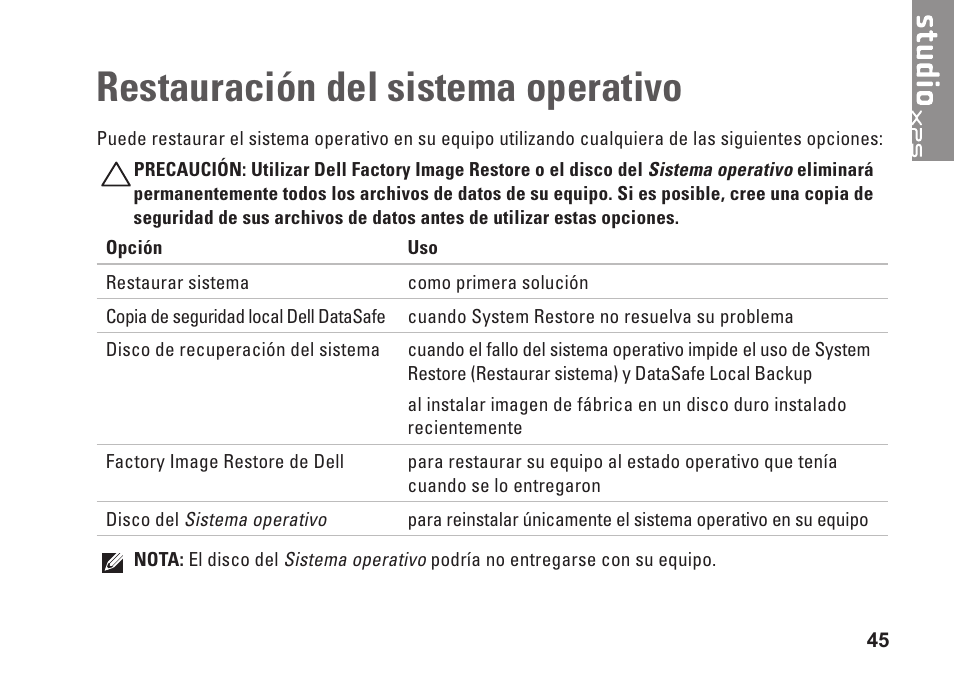 Restauración del sistema operativo | Dell Studio XPS 1647 (Early 2010) User Manual | Page 47 / 80