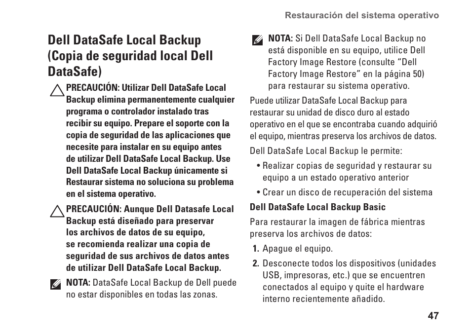 Dell datasafe local backup (copia de, Seguridad local dell datasafe) | Dell Studio XPS 1647 (Early 2010) User Manual | Page 49 / 80