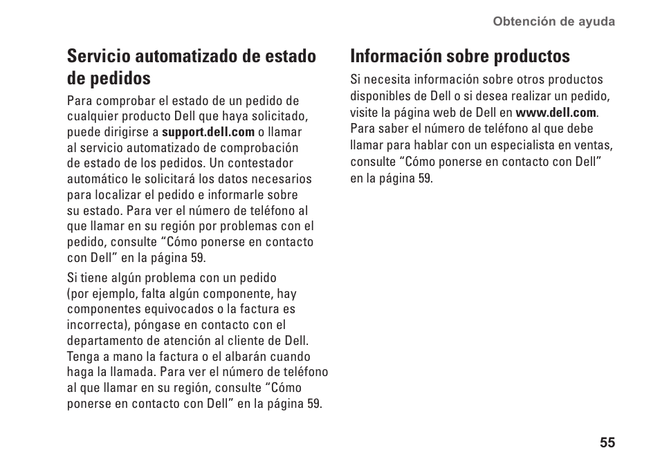Servicio automatizado de estado de pedidos, Información sobre productos, Servicio automatizado de estado | De pedidos | Dell Studio XPS 1647 (Early 2010) User Manual | Page 57 / 80