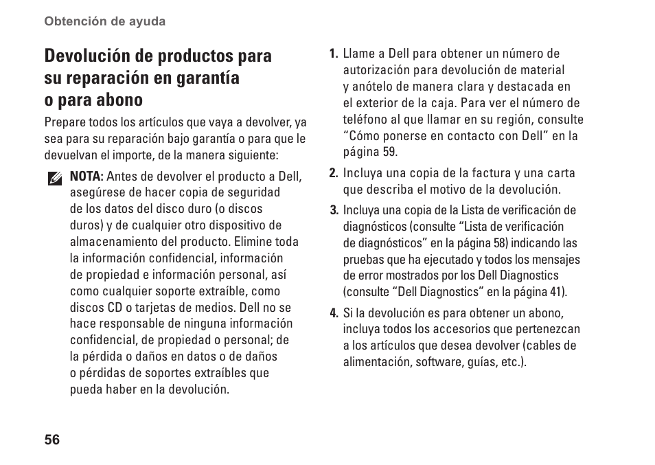 Devolución de productos para su, Reparación en garantía o para abono | Dell Studio XPS 1647 (Early 2010) User Manual | Page 58 / 80