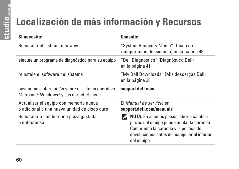 Localización de más información y recursos, Localización de más información, Y recursos | Dell Studio XPS 1647 (Early 2010) User Manual | Page 62 / 80