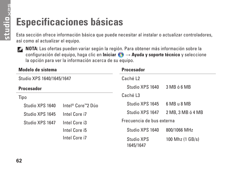 Especificaciones básicas | Dell Studio XPS 1647 (Early 2010) User Manual | Page 64 / 80